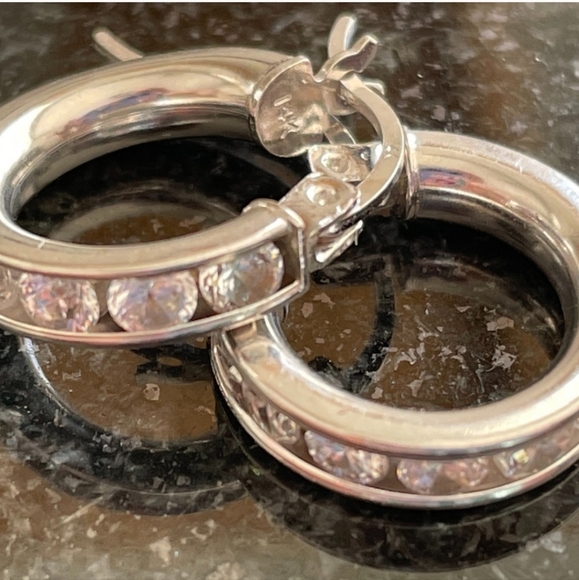 Solid 14KT White Gold & White Sapphire Hoop Earrings - Picture 6 of 14